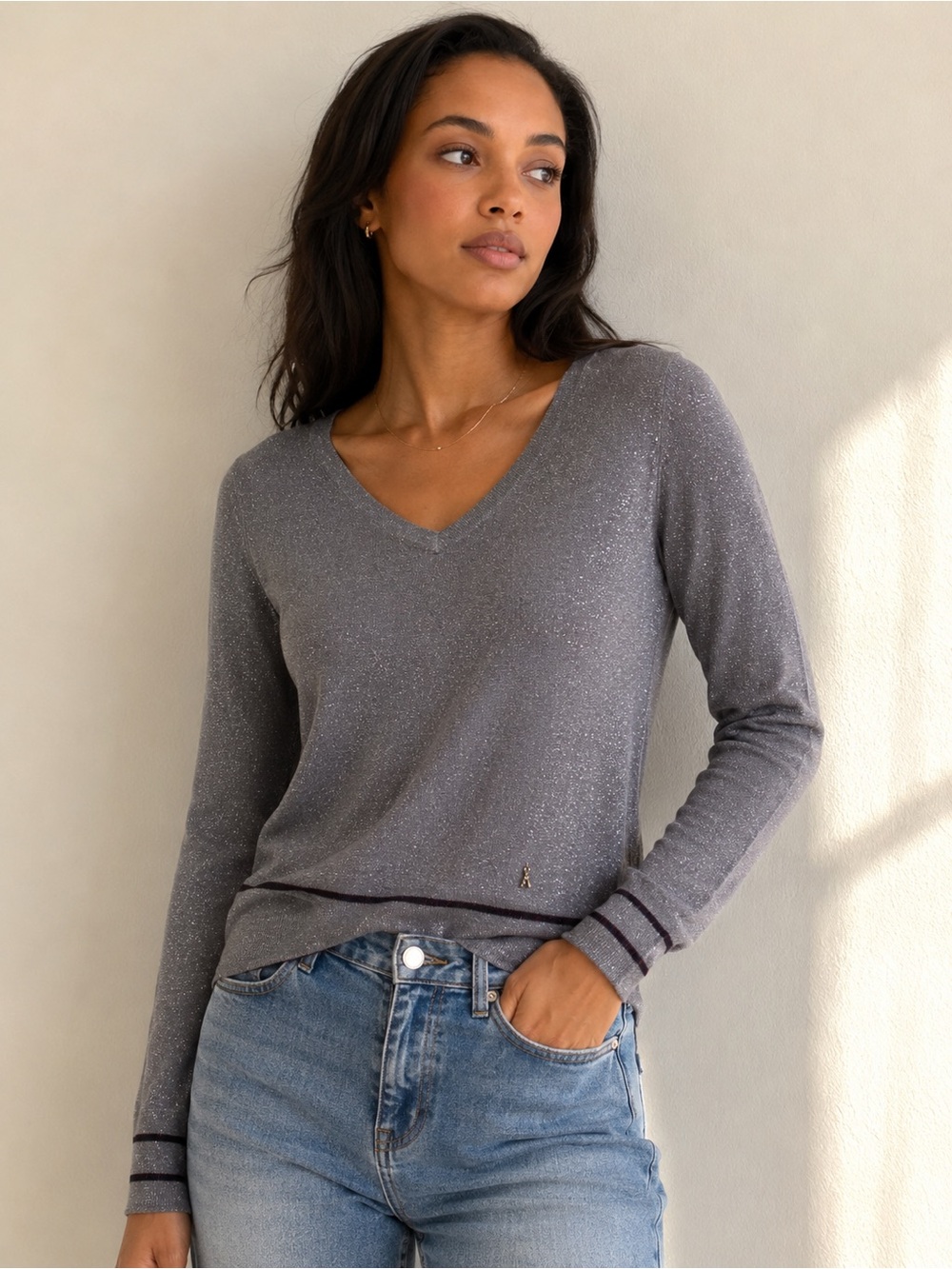 Patrizia Pepe Metallic Shimmer V-Neck Knit Sweater Gray Size I (S)